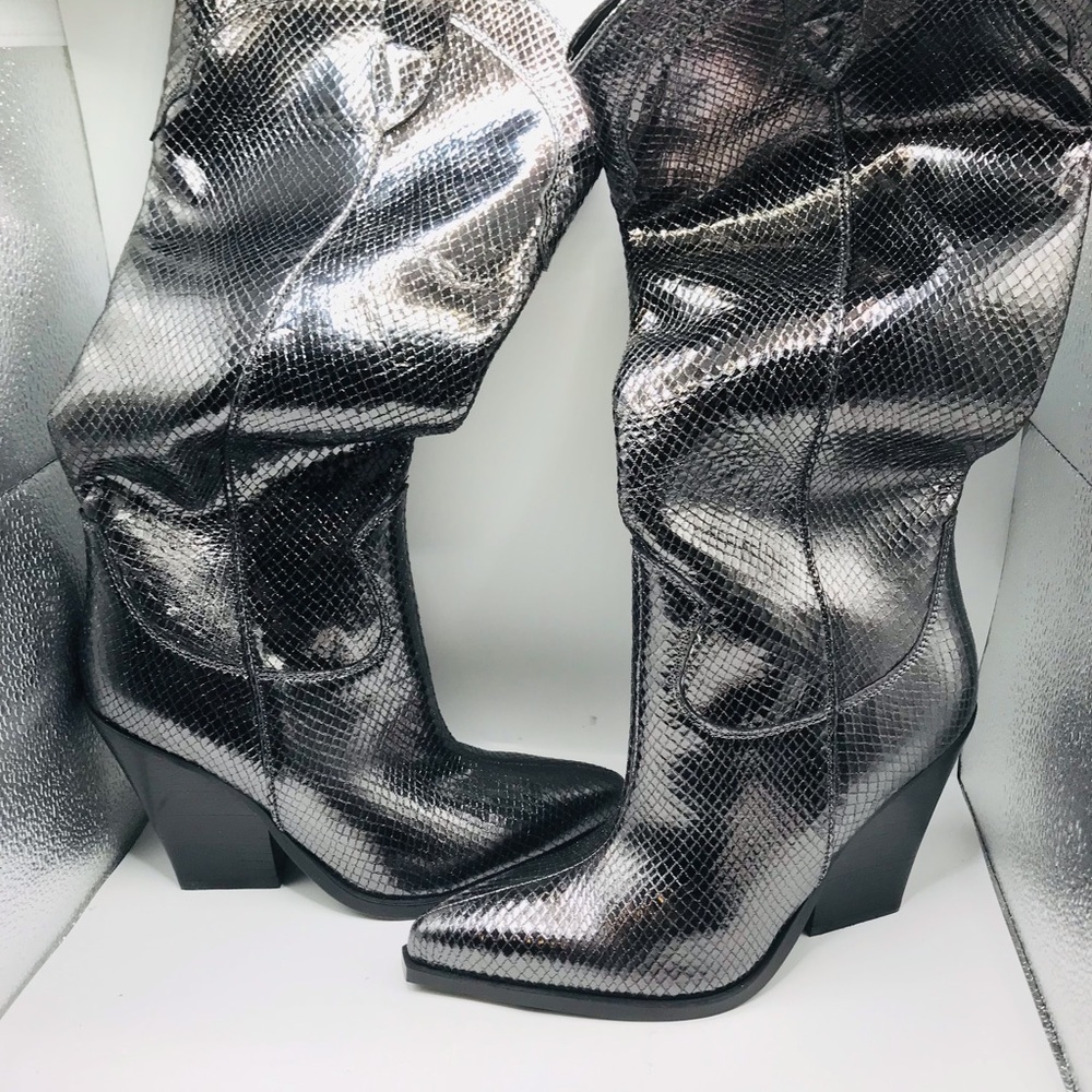 Marc fisher Metallic Snakeskin Knee-High Western Boots - Black/Silver - Picture 4 of 12